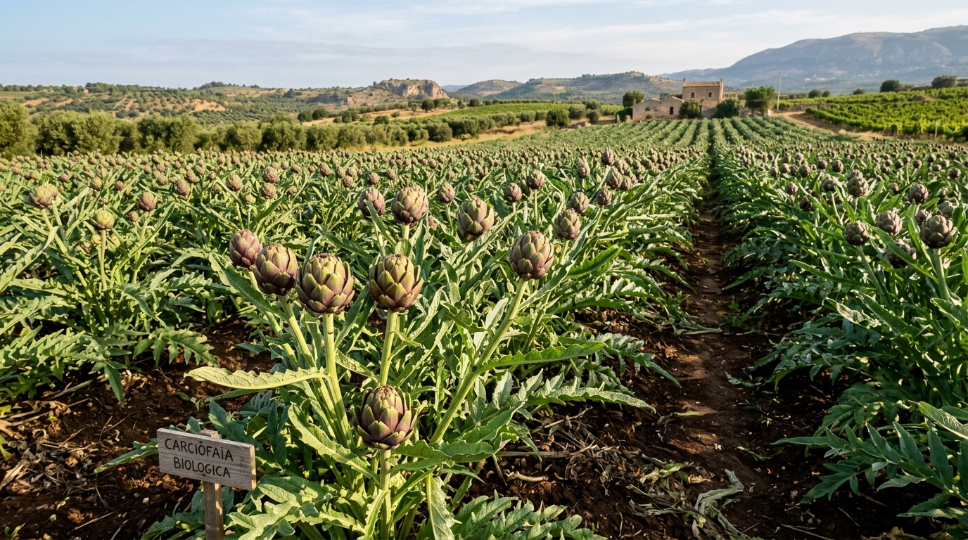 Campo rigoglioso di carciofi biologici con capolini pronti per la raccolta