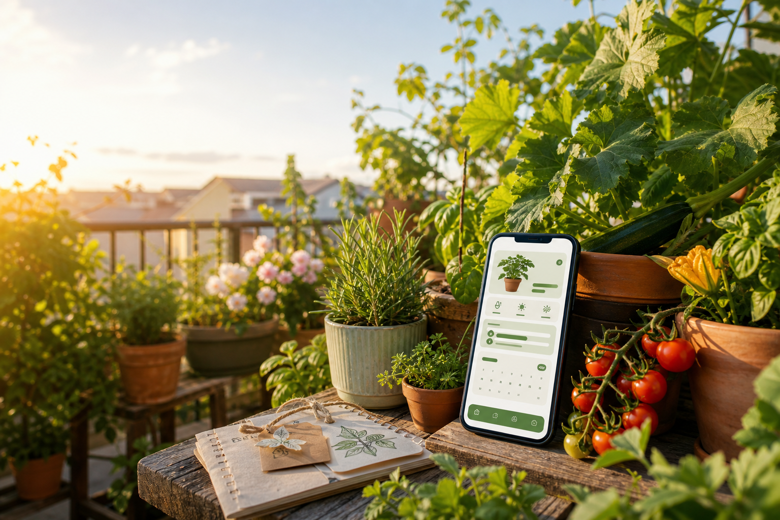 Smartphone con app OrtoFacile e balcone fiorito con piante