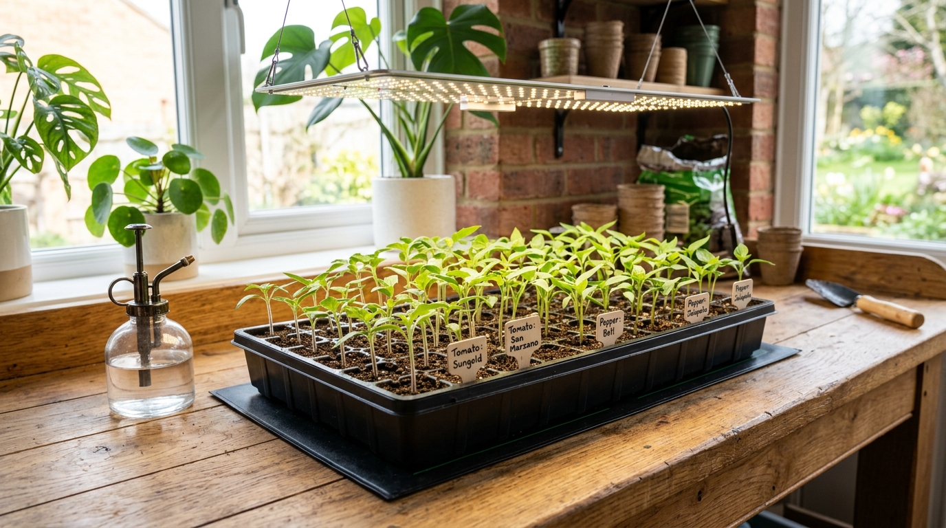 Semenzaio indoor in casa con piantine sane sotto luci LED grow light e tappetino riscaldante